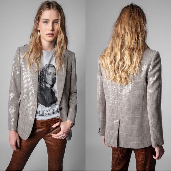 Zadig & Voltaire Venus Car Brown Cream Blazer Sequins Size S - Picture 1 of 12